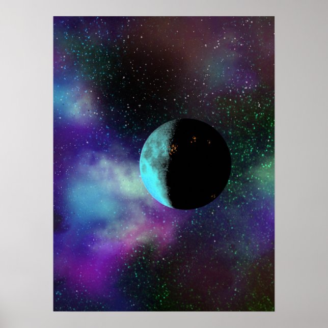 An inhabited moon among purple green stars nebulae poster (Front)
