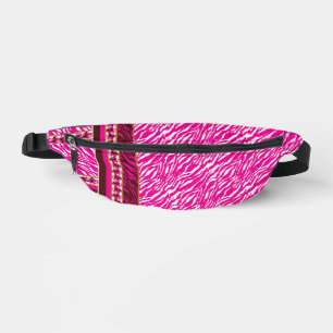 An intricate floral pattern in pink and white, art bum bags