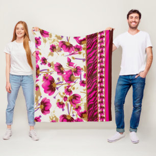 An intricate floral pattern in pink and white, art fleece blanket