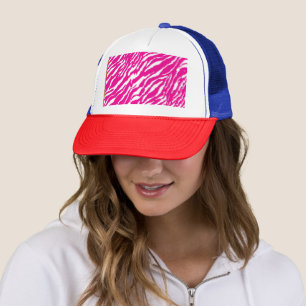 An intricate floral pattern in pink and white, art trucker hat