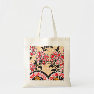 An intricate oriental pattern featuring vibrant re tote bag