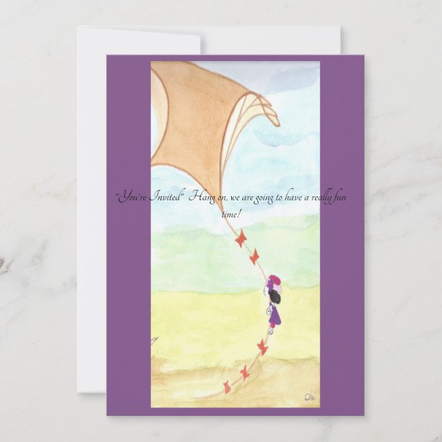 An invitation with a girl flying up with her kite. (Front)