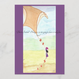 An invitation with a girl flying up with her kite.