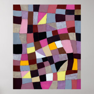 An irregular grid painting, with violets and yello poster