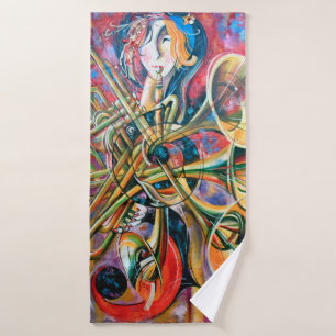 An oil painting on canvas. Music, the girl plays m Bath Towel