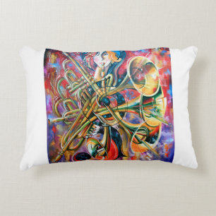 An oil painting on canvas. Music, the girl plays m Decorative Cushion