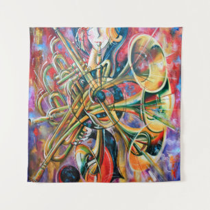 An oil painting on canvas. Music, the girl plays m Tapestry