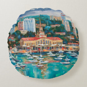An oil painting on canvas. Panorama of Sochi. Arch Round Cushion