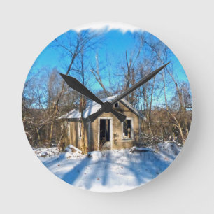 An Old House in the Snow Round Clock