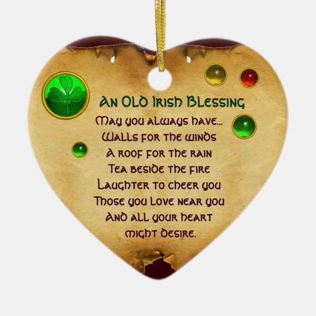 An Old Irish Blessing for Luck Heart Parchment Ceramic Ornament (Front)