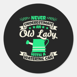 An Old Lady Garden With Watering Can Classic Round Sticker