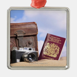 An old leather suitcase, retro camera and metal tree decoration