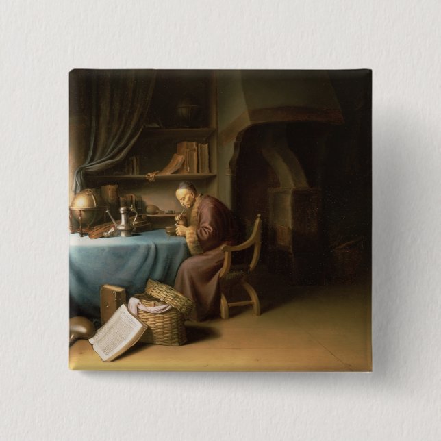An Old Man Lighting his Pipe in a Study 15 Cm Square Badge (Front)