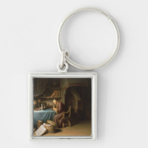 An Old Man Lighting his Pipe in a Study Key Ring