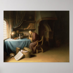 An Old Man Lighting his Pipe in a Study Poster