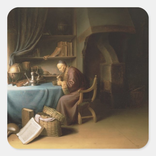 An Old Man Lighting his Pipe in a Study Square Sticker (Front)