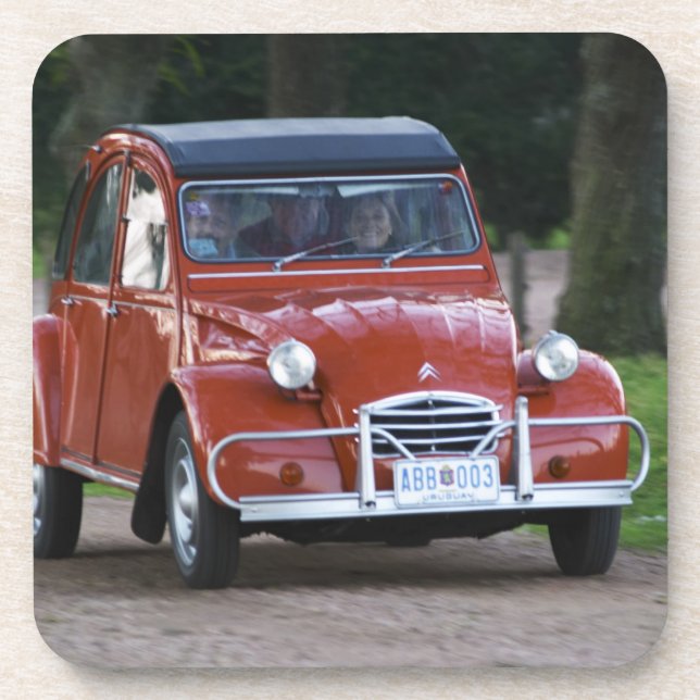 An old red Citroen 2CV car with a smiling woman Coaster (Front)