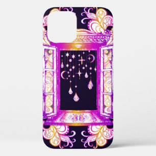 An open vintage window with pendants against a bac iPhone 12 case