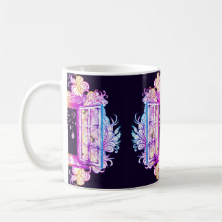 An open vintage window with pendants against a bac coffee mug