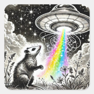An opossum and a UFO Square Sticker