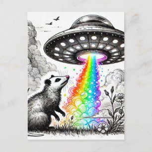 An opossum with a few birds and a UFO Postcard