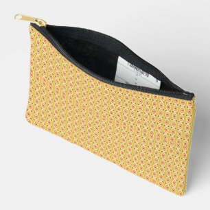 an orange and yellow background with circles accessory pouch
