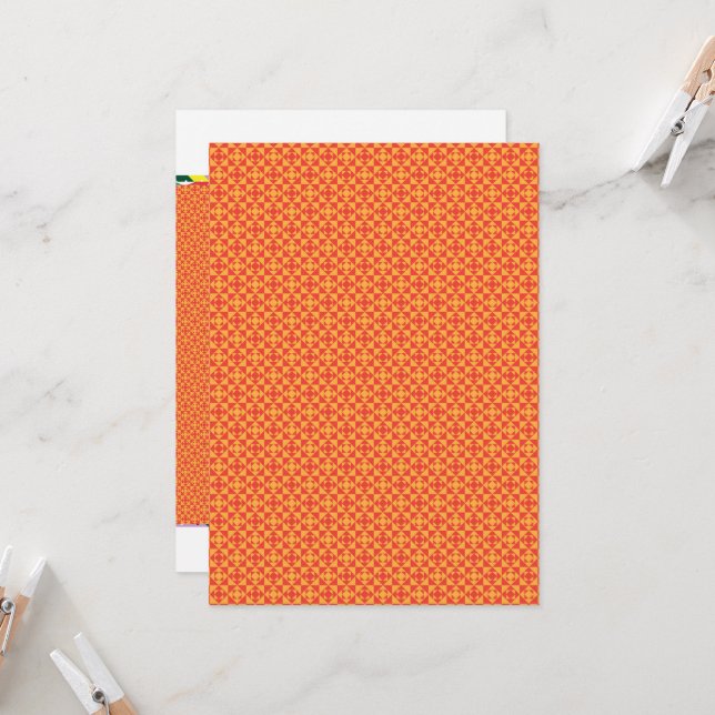 an orange and yellow background with small squares invitation (Front/Back In Situ)