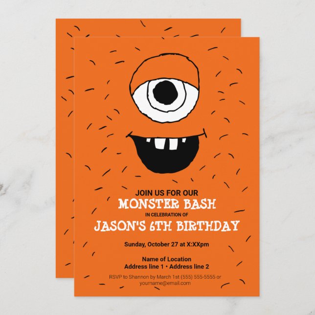 An Orange Monster Bash! Cute Monster Party Invites (Front/Back)
