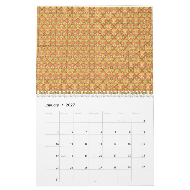 An orange, yellow, and brown symmetrical pattern w calendar (Jan 2027)