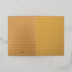 An orange, yellow, and brown symmetrical pattern w foil greeting card