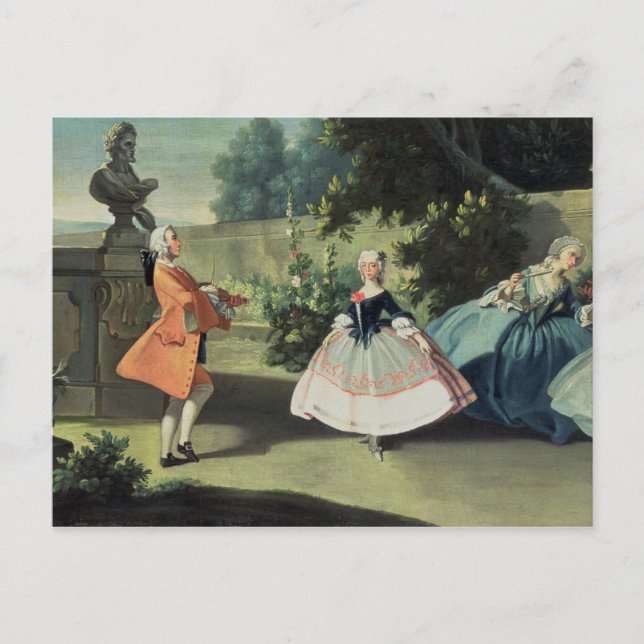 An ornamental garden with a young girl dancing to postcard (Front)