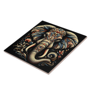 An ornate elephant adorned with intricate patterns ceramic tile