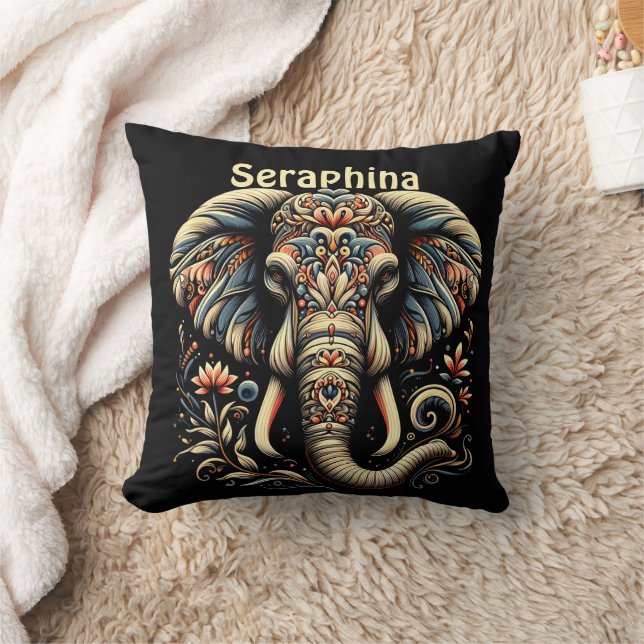 An ornate elephant adorned with intricate patterns cushion (Blanket)