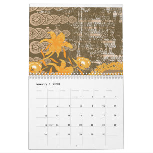 An ornate floral and leaf motif on a brown backgro calendar