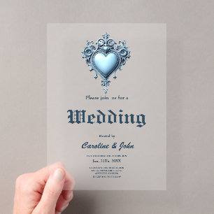 An ornate light blue archway with floral accents, acrylic invitations