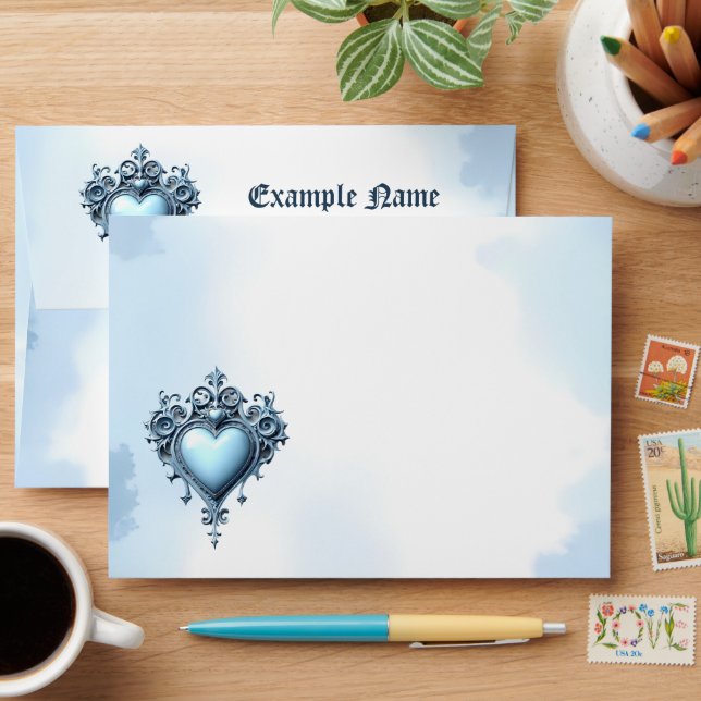 An ornate light blue archway with floral accents,  envelope (Desk)