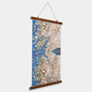 An ornate paisley motif in blue and brown, display hanging tapestry