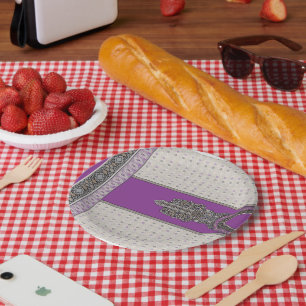 An ornate scarf combining purple and brown hues, h paper plate
