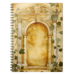An ornate stone arch in an antique style, notebook