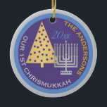 An Our 1st Chrismukkah Photo Tree Menorah Keepsake Ceramic Ornament<br><div class="desc">Personalise this fun OUR 1ST CHRISMUKKAH ornament for a one of a kind family keepsake. From the simple gold Christmas tree to the silver Hanukkah menorah, this blue and purple ornament will commemorate your first blended holiday. Upload your photo on the reverse side and add your name and the year...</div>
