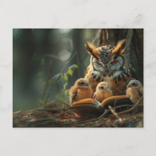 An owl reading a book to little chicks postcard