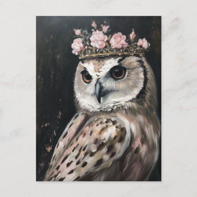 An owl with a crown and pink roses postcard (Front)