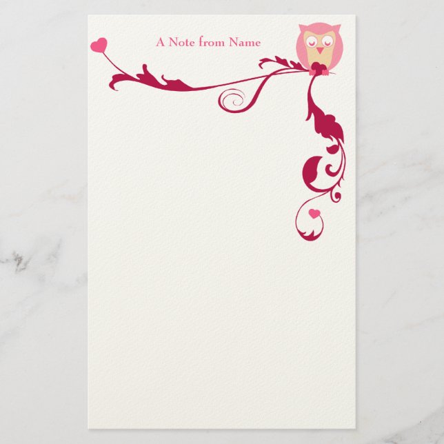 An Owl with Hearts, A Note from Name Stationery (Front)