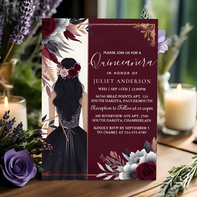 An Silver Plum Lace Gown Boho Burgundy Quinceanera Invitation (Creator Uploaded)