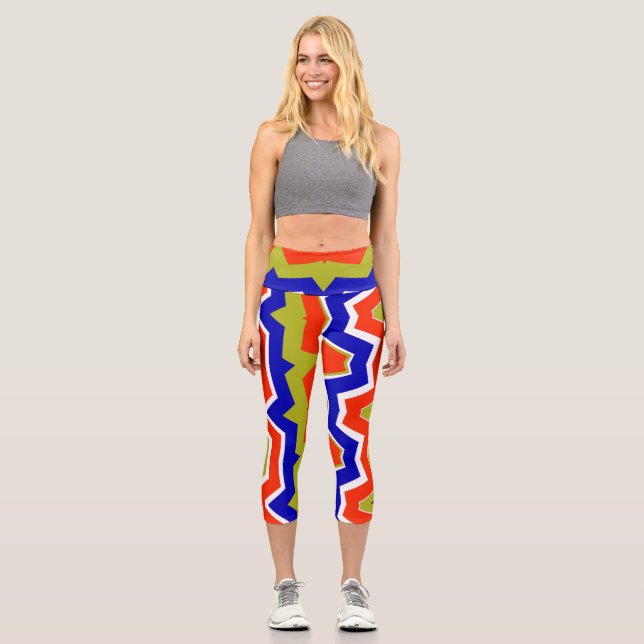 An unique colourful all over fabric print pattern capri leggings (Front)