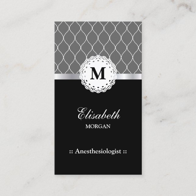 Anaesthesiologist Elegant Black Lace Pattern Business Card (Front)
