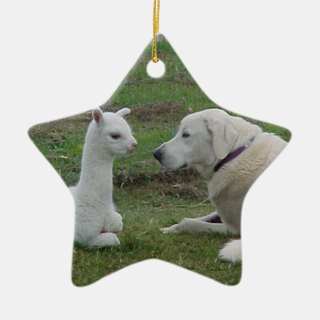 Anatolian Shepherd and Alpaca Cria Ceramic Tree Decoration (Front)