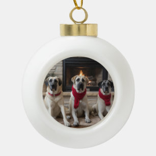 Anatolian Shepherd by the Fireplace Christmas Ceramic Ball Christmas Ornament