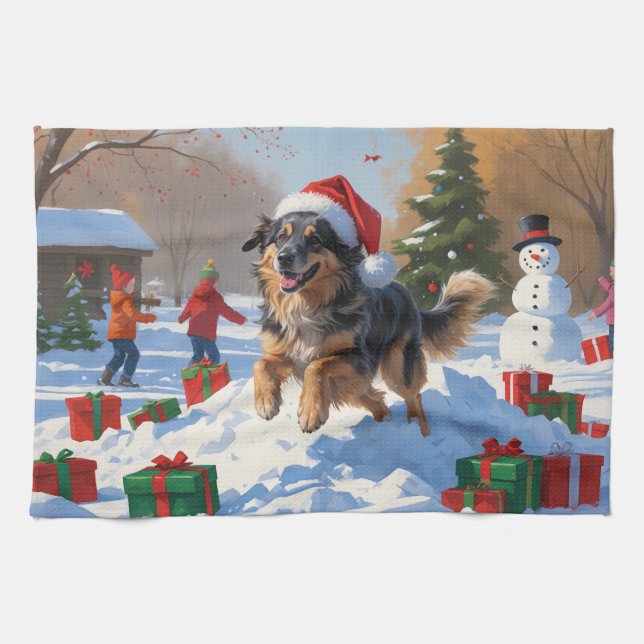 Anatolian Shepherd Christmas Festive Snow Tea Towel (Horizontal)