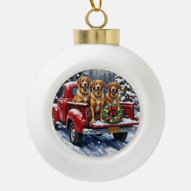 Anatolian Shepherd Dog Christmas Red Truck Holiday Ceramic Ball Christmas Ornament (Front)